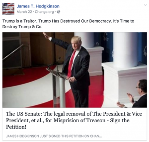 Alexandria shooter James T. Hodgkinson wrote in March "It's time to destroy Trump & Co." (Courtesy: Facebook)